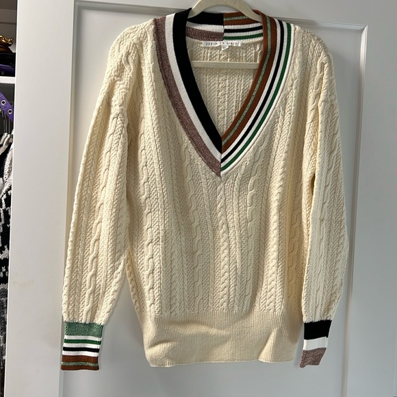 Veronica Beard Cream V-Neck Sweater with Striped Trim - Picture 2 of 4